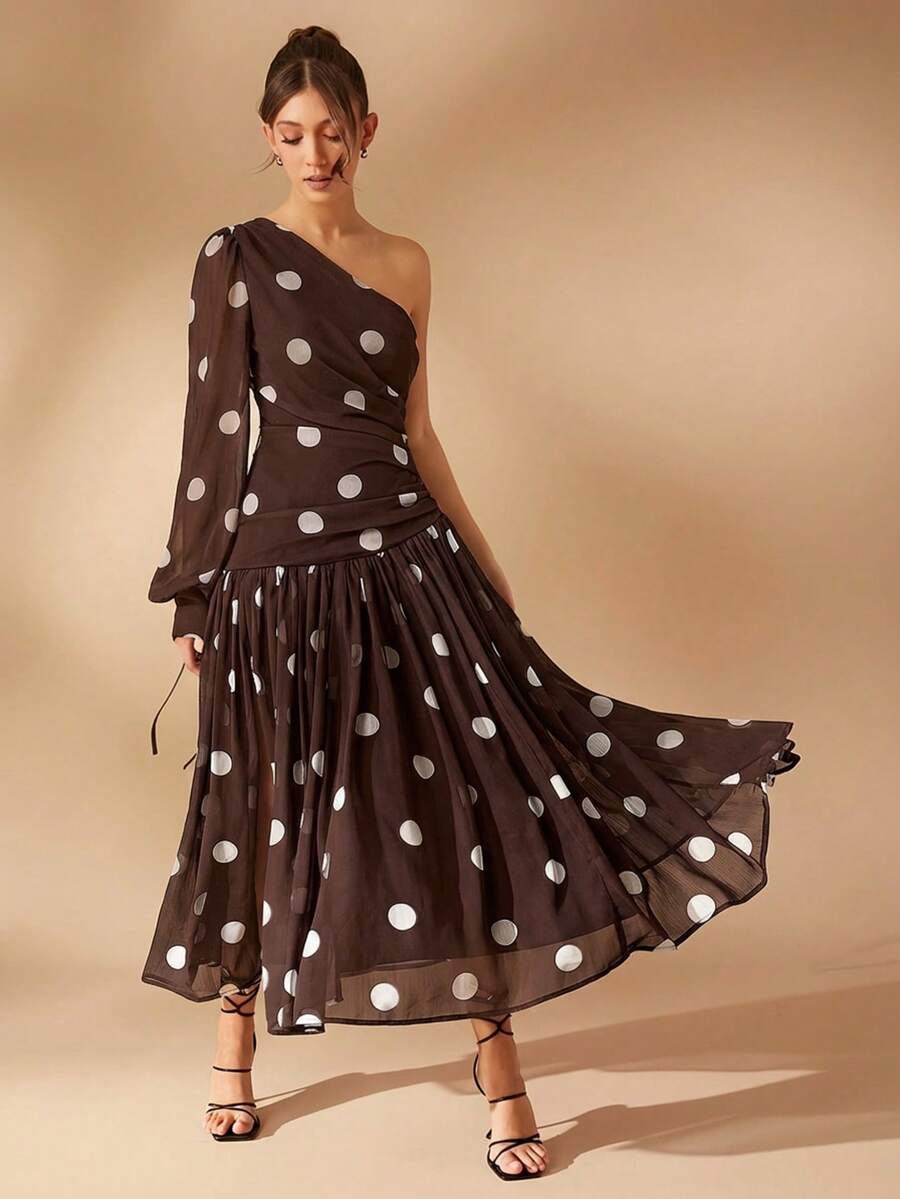 L'Amorae One Shoulder Polka Dot Chiffon Long Dress Vacation Elegant Wedding Guest Getaway Summer - Brown - View 1