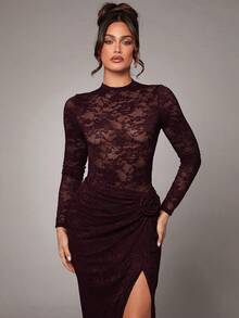 Silquee 女士优雅性感浪漫纯色（红色、酒红色、勃艮第红、基础色）蕾丝甜美露背长袖连体衣，适合姐妹聚会、情人节、夜间外出 - 紫紅色 - 查看 6