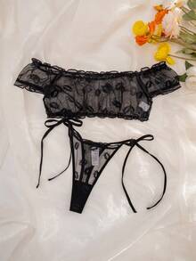 PetitDoll 2pcs Women's Lip Pattern Jacquard Mesh Underwear Set, Including Bra With Straps And Thong Panties, Lingerie - Black - View 3