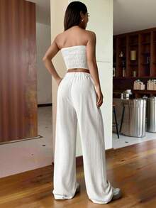 SHEIN EZwear Bộ hai mảnh áo ống màu trơn đơn giản và quần dài dành cho nữ - Màu be - Xem 2