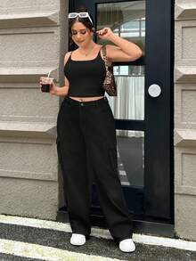 CovetEZ Plus Size Women's Solid Color Spaghetti Strap Camisole With Built-In Padded Bra - Black - View 4