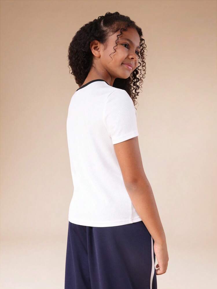 Ribbed Teddy Bear Graphic Tee With Contrast Trim