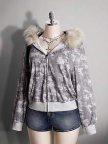 SHEIN ICON Áo nỉ rộng cổ lông họa tiết rằn ri cỡ lớn cho nữ - Xám - Xem 10