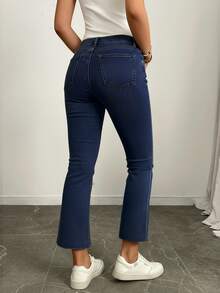 Elenzga Quần jeans ống loe đa năng thường ngày có túi dành cho nữ - Rửa tối - Xem 2