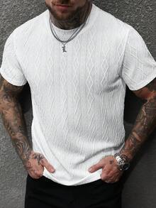 Manfinity CasualCool Men's Casual Solid Color Textured Short Sleeve T-Shirt, Summer White T Shirt For Men - White - View 6