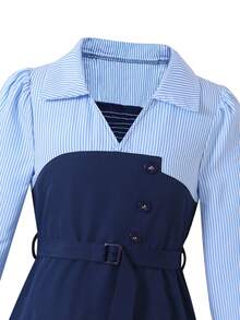 少女优雅长袖连衣裙，衬衫领设计，二合一款式，适合春、秋、冬三季休闲及通勤穿着。 - 藏蓝色 - 查看 6