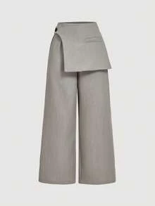 SHEIN MOD Women Dark Gray Overlay Formal Pants, Suitable For Back To School Season, Workwear In Fall/Winter Fold Over Pants - Light Grey - View 1