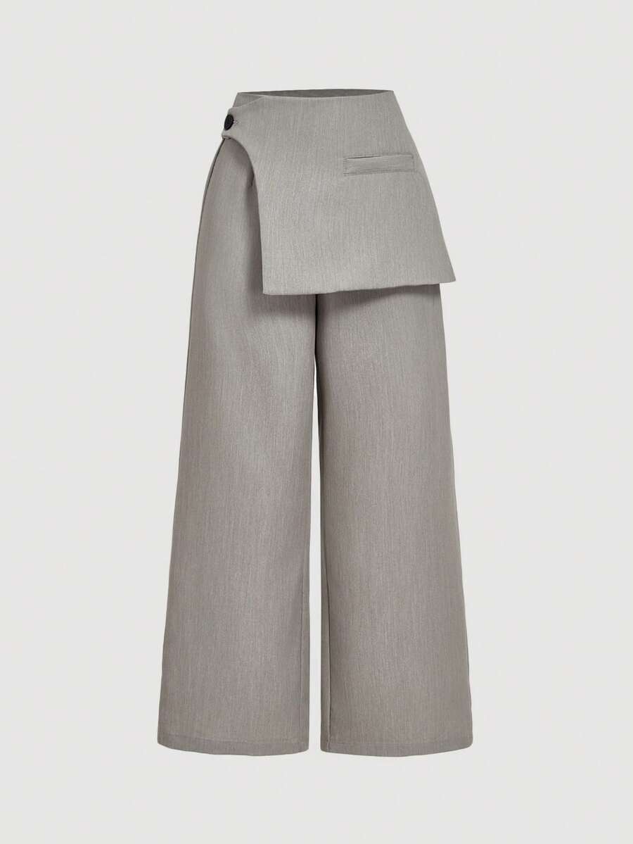SHEIN MOD Women Dark Gray Overlay Formal Pants, Suitable For Back To School Season, Workwear In Fall/Winter Fold Over Pants - Light Grey - View 1