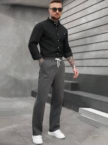 Manfinity CasualCool 男士经典修身竖条纹立领休闲衬衫，男士休闲通勤条纹衬衫，秋季款，男士轻薄透气亚麻条纹立领衬衫，男士纽扣衬衫，男士黑色纽扣衬衫 - 黑色 - 查看 7