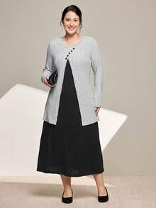 Momelise 大码女式撞色罗纹休闲圆领长袖连衣裙，适合派对和度假穿着 - 彩色 - 查看 3