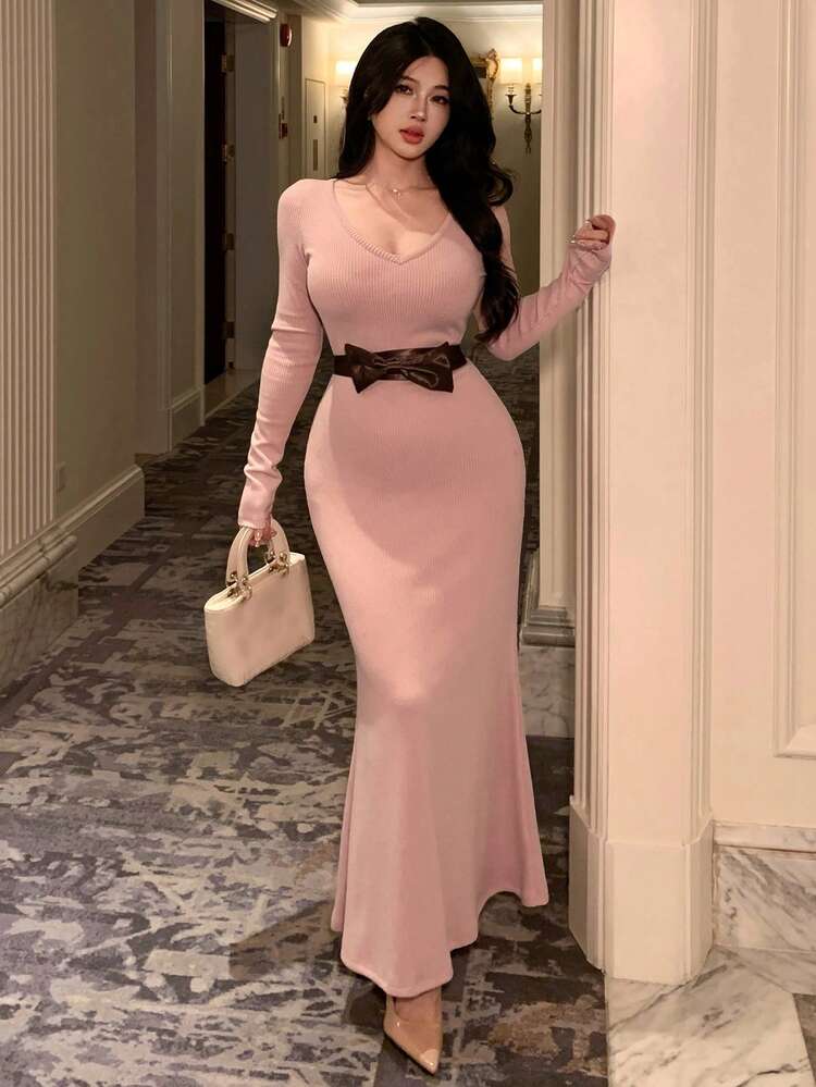 Elegant Patchwork Bow Tie Waist Midi Dress, Suitable For Spring, Autumn, Winter, New Year, Christmas, Wedding, Party, Fashion Events