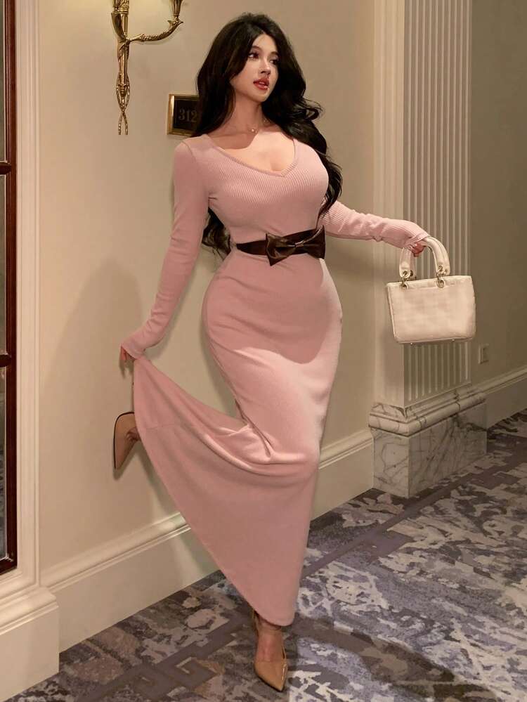 Elegant Patchwork Bow Tie Waist Midi Dress, Suitable For Spring, Autumn, Winter, New Year, Christmas, Wedding, Party, Fashion Events