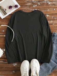 EMERY ROSE 女士休闲圆领长袖T恤，饰有葡萄酒文化印花 - 黑色 - 查看 2