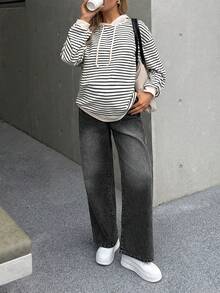 SHEIN Pregnant Women's Contrast Color Pocket Casual Versatile Wide-Leg Jeans Black Winter Spring Christmas New Year Thanksgiving Commuting Vacation Graduation Chic Y2k Cute Streetwear Party Wedding Elegant Business Casual Woman Women's Stylish Dark Wash Denim Jeans With Elastic High Waist And Wide Leg Fit For Everyday Comfort Maternity Jeans Everyday Maternity Style Comfortable Wear - Black - View 8