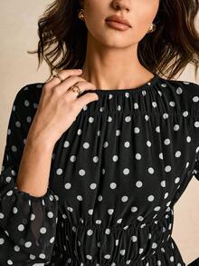 Poéselle Women's Polka Dot Print Round Neck Lantern Sleeve Ruched Long Dress - Black - View 5