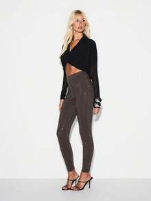 KIZN 热熔装饰高腰紧身裤，饰有闪亮水钻细节，适合晚宴派对场合 - 巧克力棕 - 查看 5