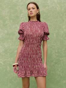 Nöista Đầm xếp ly có tay phồng, cổ tay và gấu đầm xếp ly với họa tiết kẻ caro đỏ trắng. Thích hợp cho mùa xuân, mùa hè, nữ. - Màu Đỏ Sâu - Xem 4