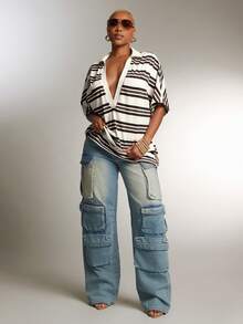 Denimoi Áo polo cổ khoét sâu, dáng rộng, sọc thời trang - Nhiều màu - Xem 3