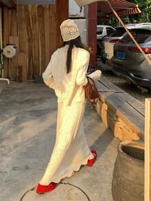 DAZY 女式韩版常规领休闲长袖毛衣和裙子两件套秋冬 - 米色 - 查看 2