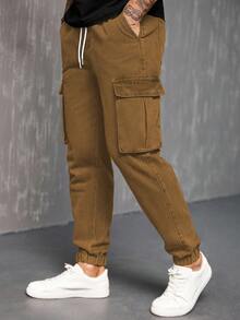 Manfinity Homme Men's Pocket Drawstring Waist Casual Workwear Versatile Daily Commute Jeans - Khaki - View 4
