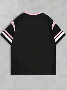SHEIN 少女休闲运动风数字28条纹撞色印花短袖圆领T恤，适合户外运动穿着，四季皆宜 - 彩色 - 查看 2