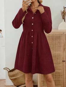 EMERY ROSE Women's Casual Commuter Solid Color Front Button Short Dress Women Long Sleeve Dress Solid Color Dress Button Dress Wine Dress - Burgundy - View 5