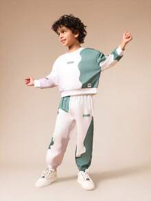 SUMWON 男童撞色卫衣和运动裤套装，圆领长袖抽象印花休闲运动服套装，适合度假穿着 - 綠色 - 查看 1