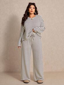 Elaquor Plus Size Women Striped Round Neck Drop Shoulder Long Sleeve T-Shirt And Pants Casual 2-Piece Set For Spring, Spring Outfits For Women - Multicolor - View 3