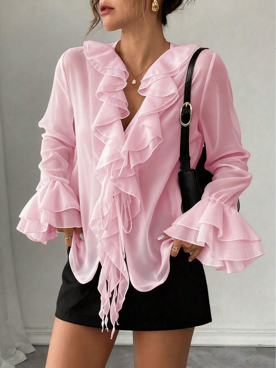 Rafferiza French Elegant Solid Color Chiffon Lantern Sleeve V-Neck Tie Waist Loose Regular Blouse For Women, Autumn Fall Cloth For Women - Pink - View 1