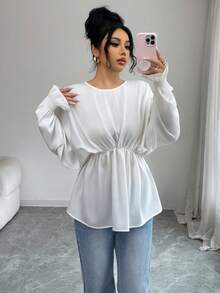 Modelyn Women's French Round Neck Batwing Satin Sleeve Blouse, Spring/Summer/Autumn - White - View 6