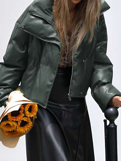 Aveloria Affinna Young Commuter-Style Loose PU Leather Look Wide Lapel Collar Padded Padded Coat Clothes Winter With Ribbed Cuffs, Warm And Cold-Resistant Faux Leather AviatorPadded Insulated Polyfill Synthetic Insulation Winter Coat Winter Jacket Jacket With Borg Lining