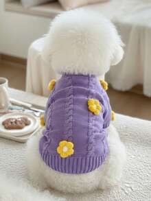 PETSIN 1件紫色黄色花朵秋冬宠物毛衣秋冬加厚宠物保暖家居宠物衣服 - 紫色 - 查看 2