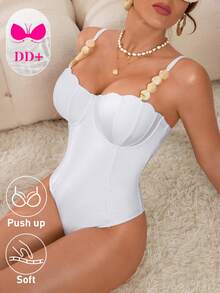 Swim DD+ 女士白色亮面面料肩带泳衣，配米色六边形纹理扁平珠子，DD罩杯，钢圈支撑，塑形显瘦，后背系带设计，连体泳衣