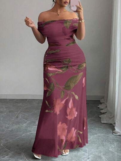 Modelyn Plus Size Women Mesh Printed Off Shoulder Ruffle Dress, Elegant For Party Garden Party Formal Dress Sexy Elegant Dress