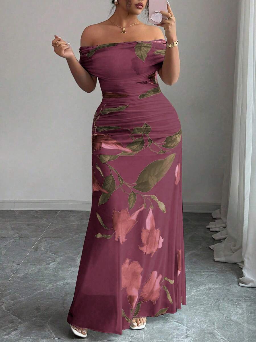 Modelyn 大码女式网眼印花露肩荷叶边连衣裙，优雅派对装