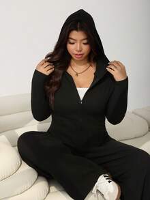 SHEIN EZwear 2pcs Plus Size Women Outfit, Brown Slimming Tongue-Shaped Hemline Zipper Jacket + Elastic Waist Long Pants, Warm Flannel Fabric For Autumn/Winter - Black - View 5