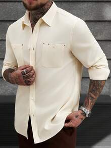 Manfinity CasualCool Men's Casual Solid Color Long Sleeve Shirt, Versatile For Autumn Cream Button Up Men Mens Shirts With Pockets - Apricot - View 3