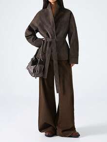 LYSMO 2025 وصول جديد نساء الشتاء بني اللون الصلب ملمس البولي يوريثان بسيط كاجوال كم طويل جاكيت شتوية للنساء عيد الميلاد للنساء رأس السنة الشتوية للنساء كاجوال للنساء أنيقة - قهوة بني - مشاهدة 4