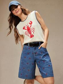 WESTFADE Lobster Embroidered Mid Rise Loose Fit Wide Leg Denim Shorts - Medium Wash - View 1
