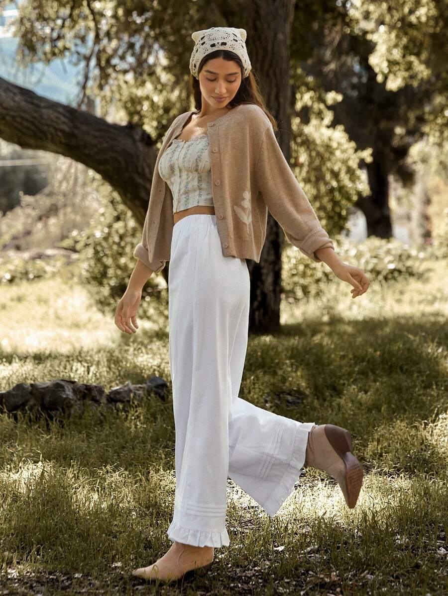 WESTFADE Linen Blend Elastic Waist Pintuck Ruffle Hem Loose Fit Wide Leg Pants,White,Autumn,,Picnic,Holiday,Casual Cute Western Wear Boho Winter NYE - White - View 1