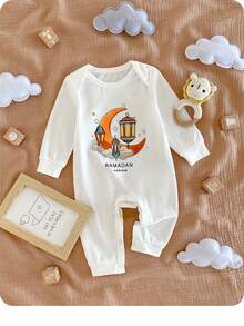 新生女宝宝休闲可爱卡通图案针织白色长袖连体衣 - 白色 - 查看 10