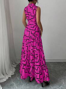 Elenzga New V-Neck Graphic Print Button Sleeveless Tie Waist Slim Fit Dress For Women - Hot Pink - View 2