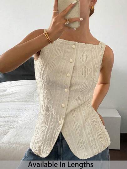 SHEIN PETITE CURVE Blusa de verano de talla grande para mujer con textura geométrica y abotonadura sencilla, blusa casual elegante de color crema para el Día de San Valentín, verano, disfraz de carnaval para mujer, fiesta, playa