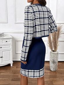 SHEIN Clasi 女士千鸟格夹克和连衣裙两件套，适合冬季通勤和外出 - 彩色 - 查看 2