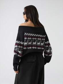 LYSMO 2025 Women's Deer Pattern Off-Shoulder Sweater,Black N White Fair Isle Christmas Pullover Jumper,Vintage Autumn Long Sleeve Fashionable Family Tops - Black - View 2