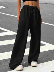 Muchica 女式抽绳直筒休闲皱褶宽松长裤 - 黑色 - 查看 3