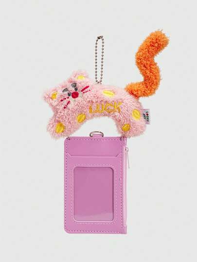 ROMWE Kawaii 1pc בובת קטיפה מצוירת חמודה חתול קטן תיק כרטיס, תיק תלייה לקישוט בובות חמוד, שרוול כרטיס בובה, שרוול כרטיס סטודנט תיק כרטיס לחזרה לבית הספר