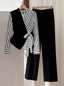Franclia 2pcs/Set Women French V-Neck Striped Tie-Up Long Sleeve Top And Pants - Black and White - View 1