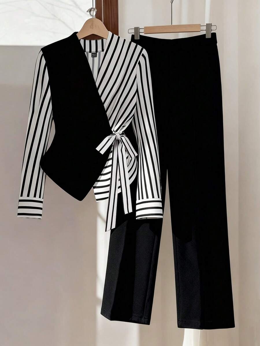 Franclia 2pcs/Set Women French V-Neck Striped Tie-Up Long Sleeve Top And Pants - Black and White - View 1