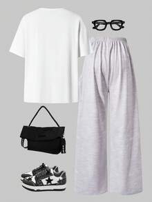 SHEIN ChillGRL 2件套少女可爱猫咪图案圆领T恤和阔腿裤套装 - 彩色 - 查看 2